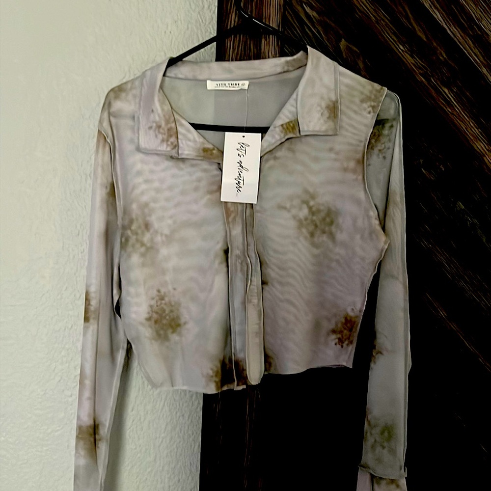 12th Tribe sheer cream and olive green button up new with tags